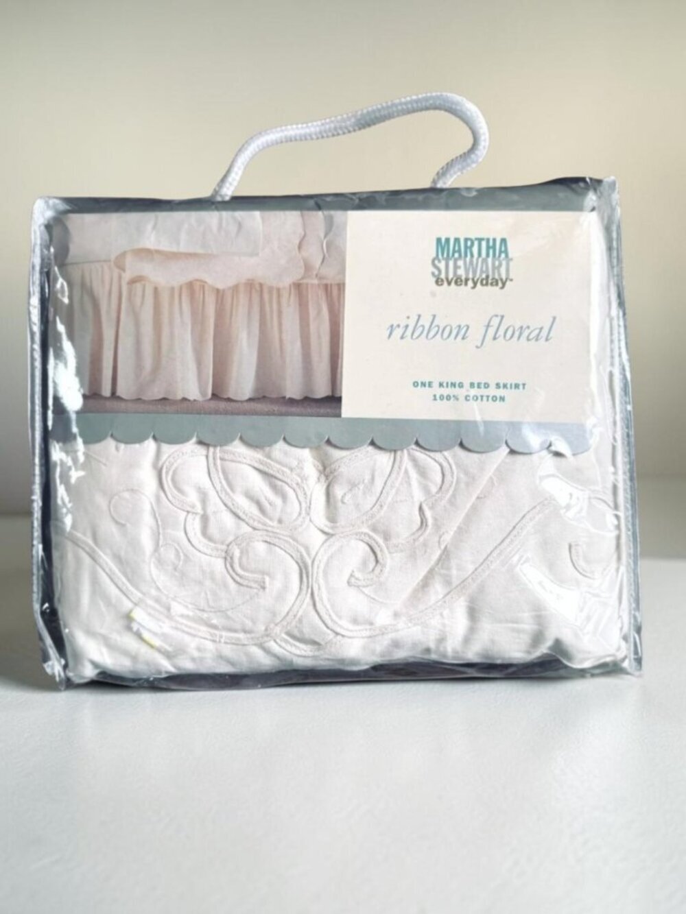 Vintage 90s Martha Stewart Everyday Ribbon Floral 14" King Bed Skirt Dust Ruffle